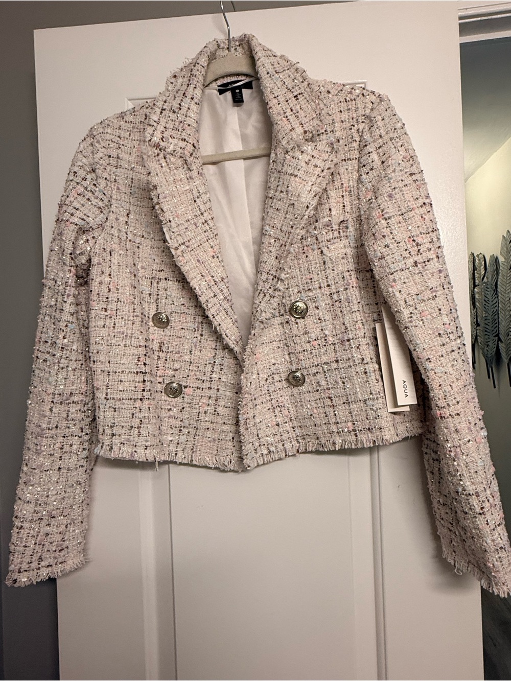NWT Aqua Cream Tweed Double-Breasted Cropped Blazer with Multicolor Flecks sz M